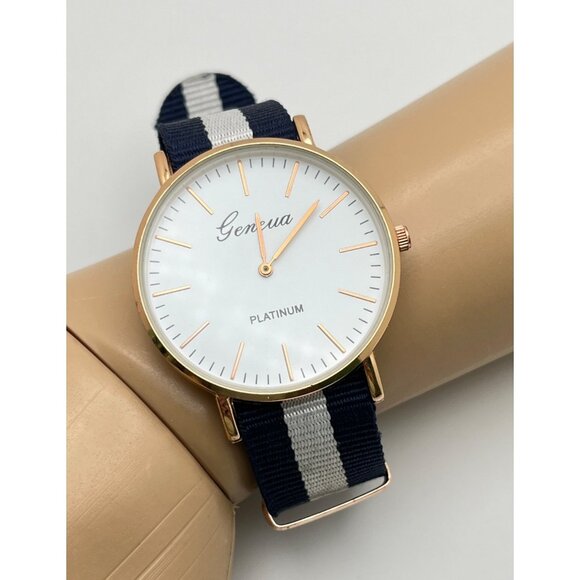 Geneva Platinum Watch Navy Blue and White Striped Nylon Strap Large Face - Picture 7 of 7
